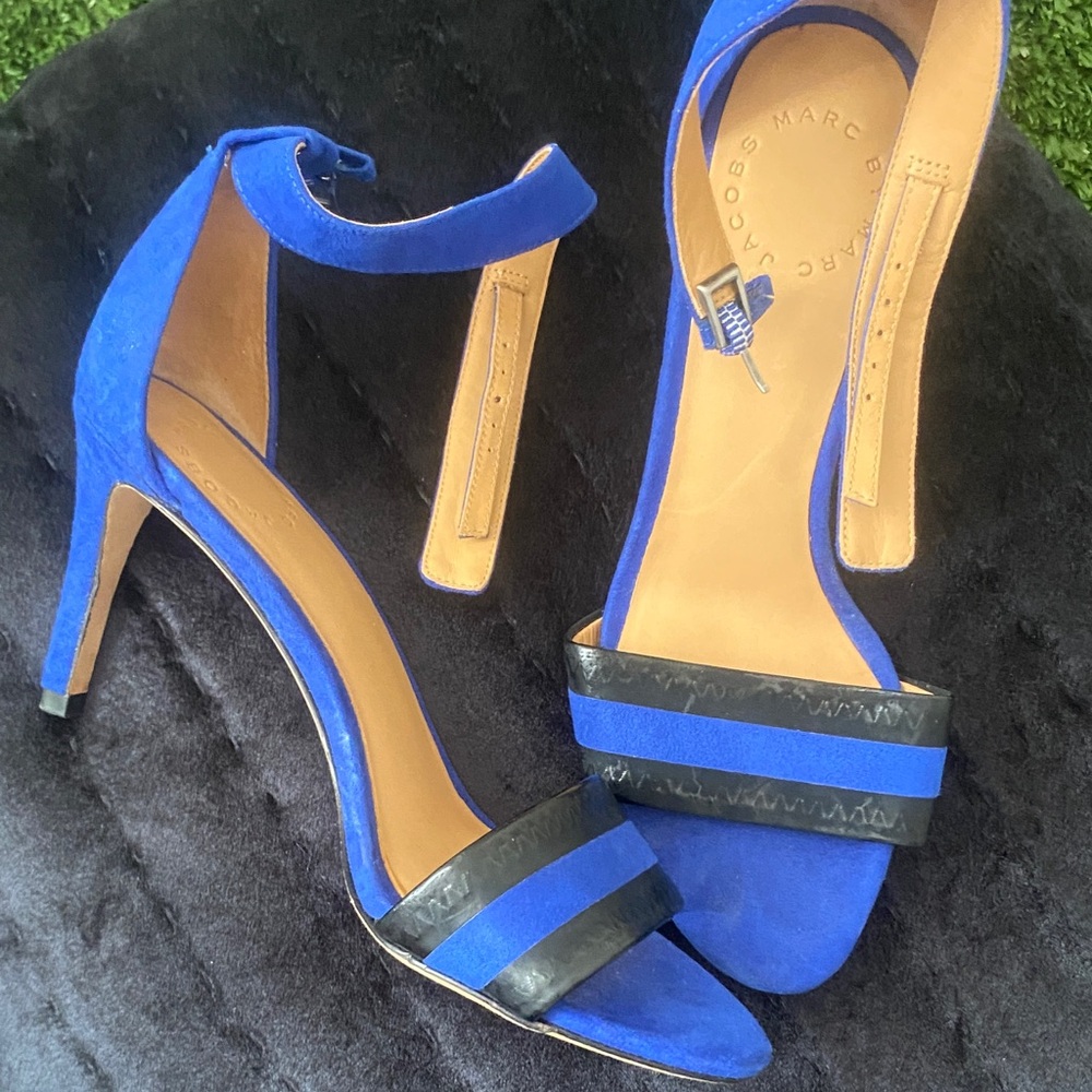 Marc Jacobs Cobalt Blue Suede Ankle-Strap Heels with Black Trim